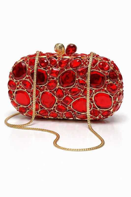 Red Crystal Oval Clutch with Chain Strap Party Cocktail Wedding Formal