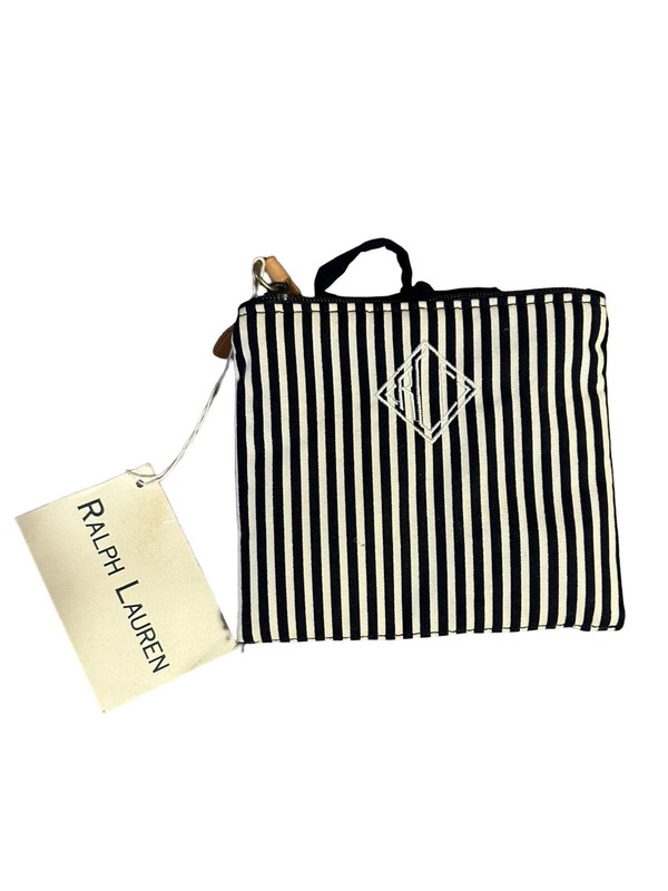 Vintage Ralph Lauren RL Monogram Black Cream Stripe Fold Travel Organizer Pouch