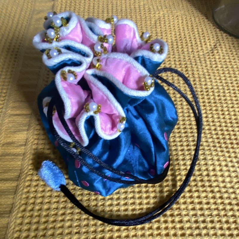 Jazzd Small Drawstring Pouch Bag Teal & Pink Polka Dot Beaded Trim gallery