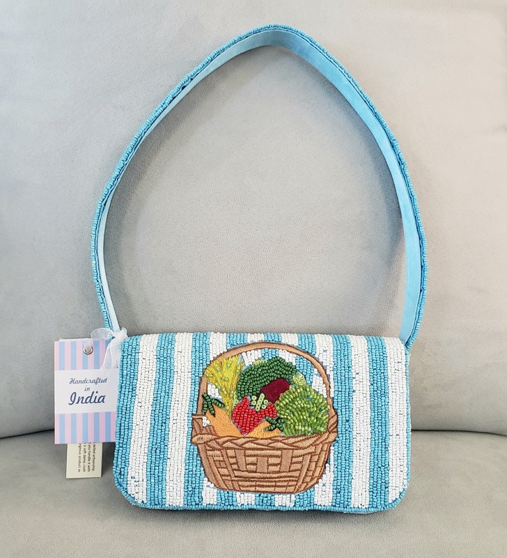 NWT Beaded Blue & White Striped Vegetable Gardening Basket Shoulder Bag Purse