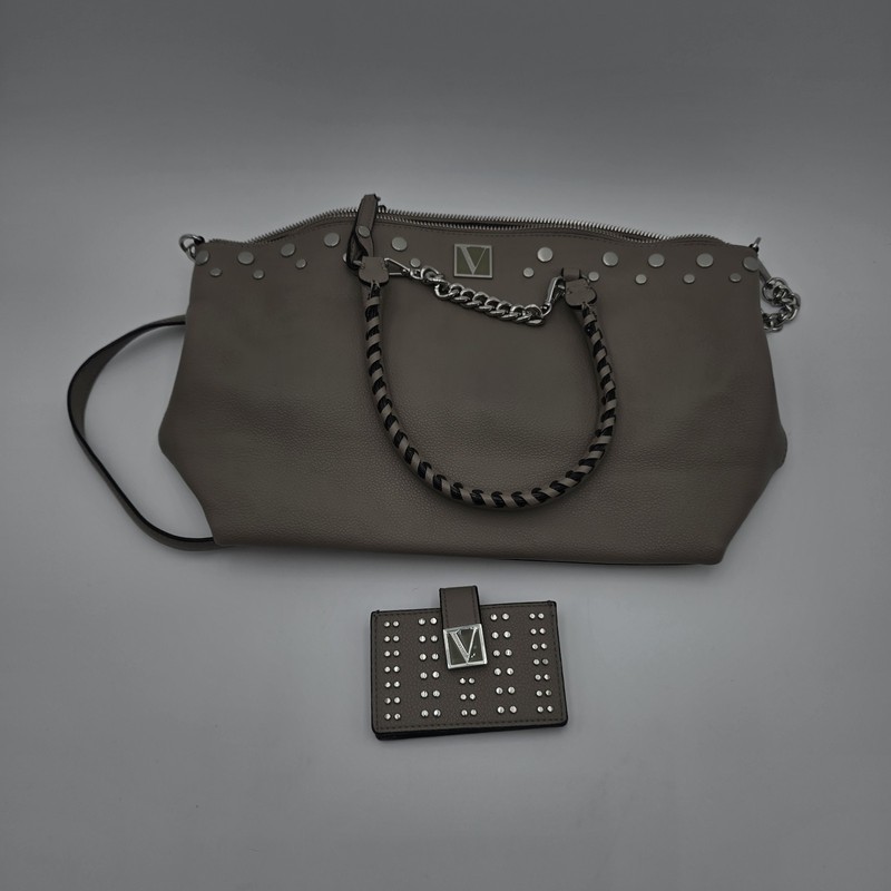 Victoria’s Secret Studded V-Logo Satchel Shoulder Bag With Matching Wallet Taupe