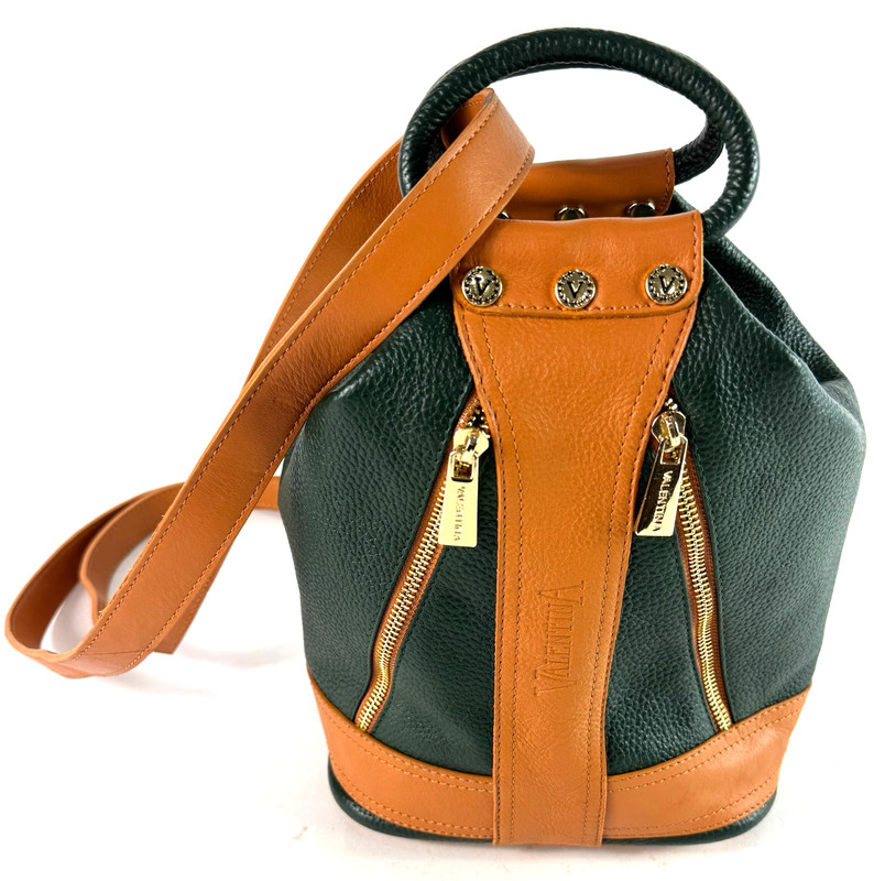 Valentina Italy Genuine Leather Bucket Bag Convertible Satchel Forest Green Tan