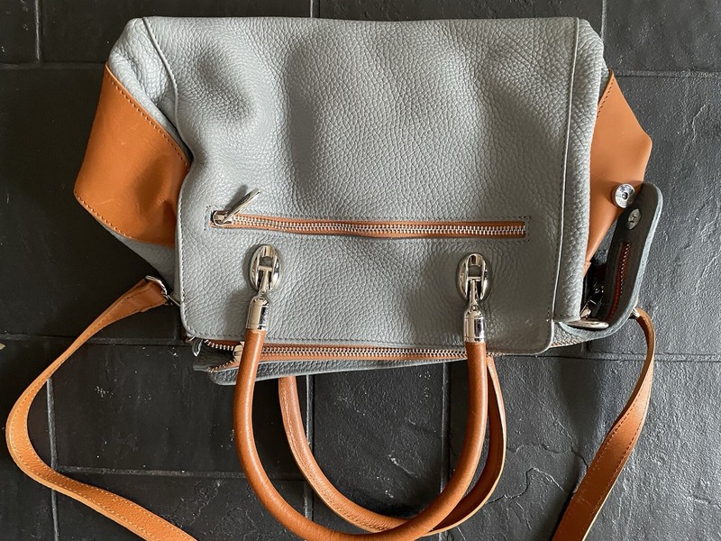 Valentina Leather Gray and Brown Shoulder Bag Purse Gold Hardware gallery