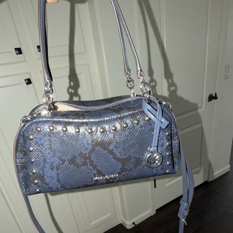 Michael Kors Blue Snakeskin Studded Shoulder Bag Zip, Detachable Strap