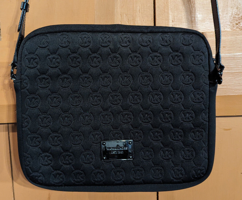 Michael Kors Mono Embossed Neoprene iPad Crossbody Purse Bag Black Soft Shell