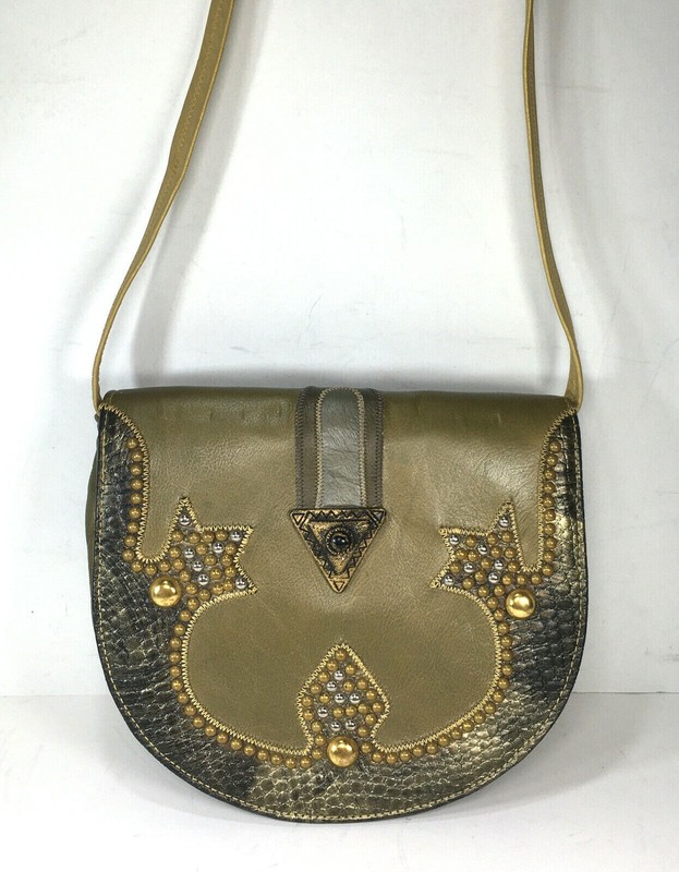 La Bon USA Vtg Olive Green Brown Gold Faux Leather Crossbody Bag – Distressed