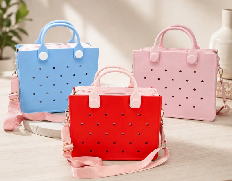 Lot of 3 Purses, PINK, RED, BLUE L Perforated Waterproof Beach Tote Bag Top