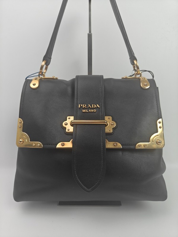 Authentic Prada Cahier Black Leather Handbag Gold Hardware