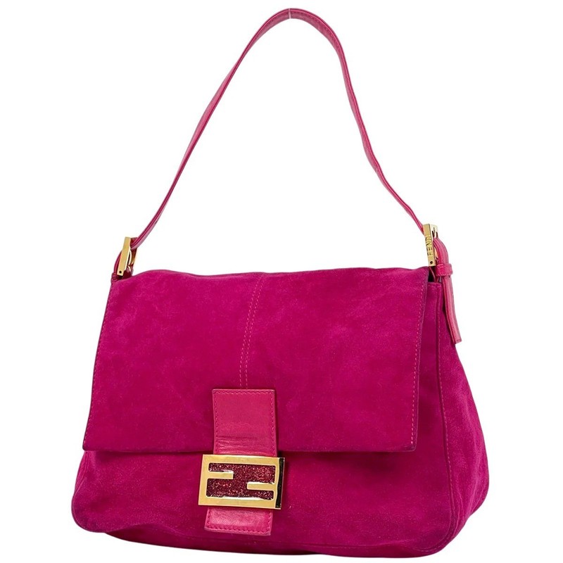 Fendi Mamma Baguette Shoulder Bag Pink Suede 26325 FF Logo Gold HW Authentic JP