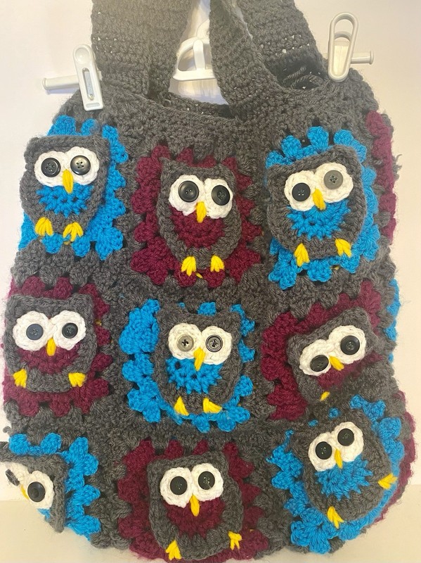 Vtg Owl Tote Bag Purse Crochet Granny Square Retro Handmade Bird Boho Unique!