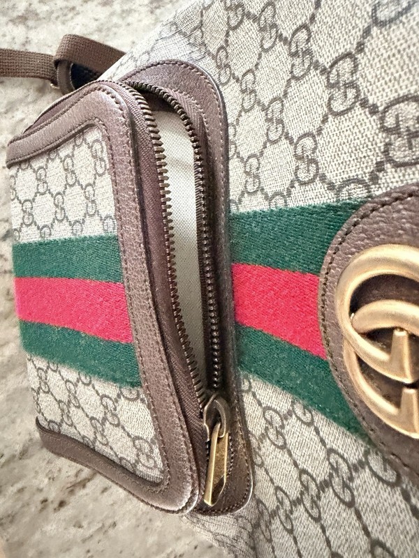 Gucci GG Monogram Web Stripe Small Backpack Beige Brown Red Green Zip Gold. gallery