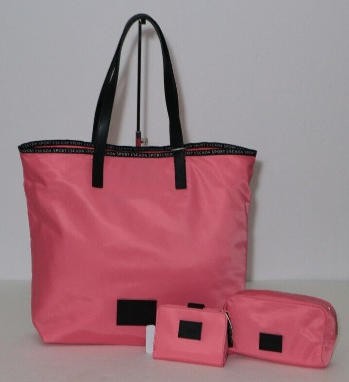 Escada Nylon and Leather Sport Tote Bag+Wallet+Make Up Pouch in Gerbera NWT$775
