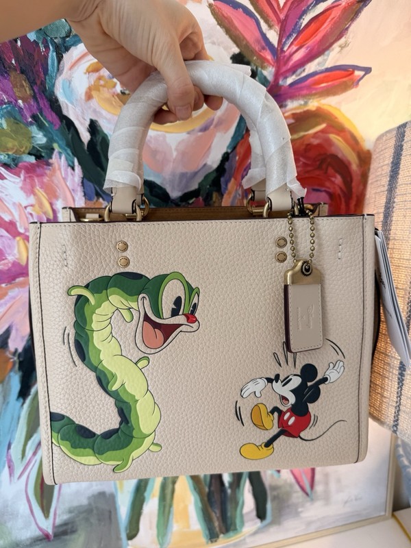 NWT COACH X DISNEY IVORY LEATHER ROGUE 25 WITH MICKEY MOUSE & CATERPILLAR CH461