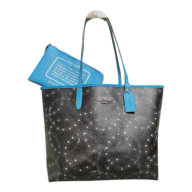 Coach Galaxy Black Star Print & Blue Reversible City Tote w/ Removable Zip Pouch