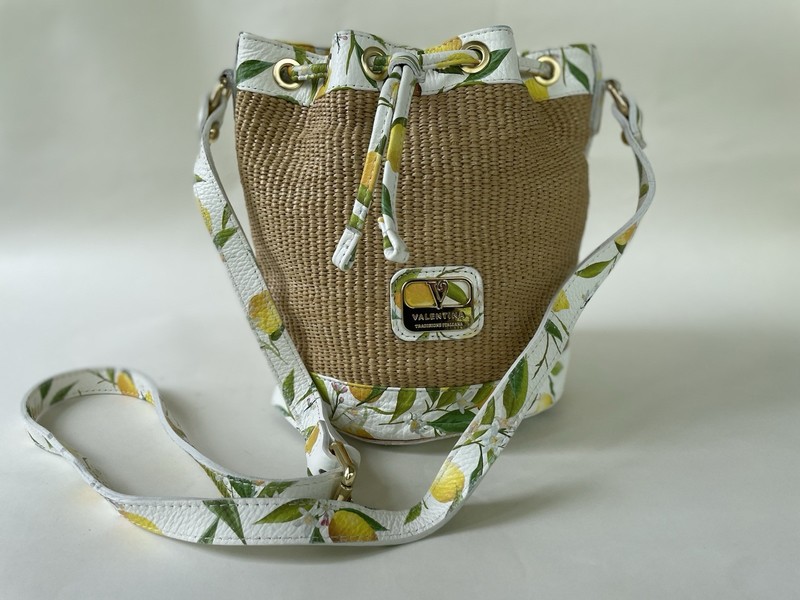 Valentina Raffia Lemon Print Italian Leather Trim Bucket Crossbody bag
