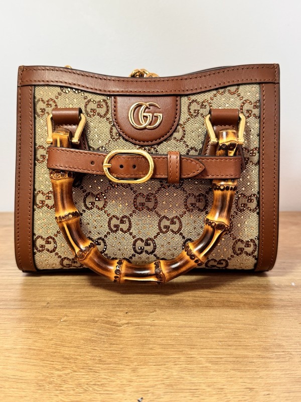 Gucci Diana Mini Crystal GG Canvas Bamboo Mini Tote Bag Brown Crossbody 707449
