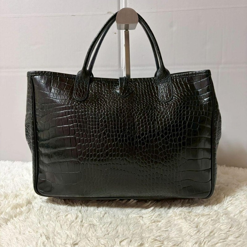 Longchamp Roseau Tote Bag Croco Embossed Leather Black A4 Gold Bamboo gallery