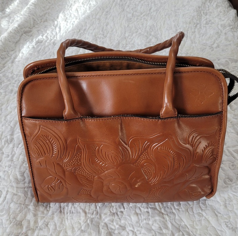 Patricia Nash Tooled Paris Leather Satchel Twisted Rope Handles Embossed Leaves