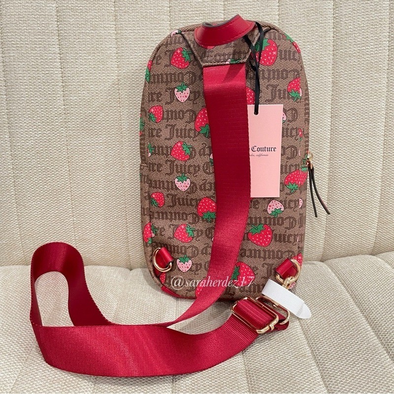 NEW Juicy Couture Strawberry Monogram Sling Backpack Brown Red Gold Tone gallery