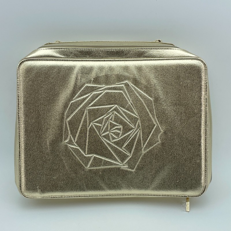 LANCOME Cosmetic Makeup Bag Womens Gold Embossed Rose Zip Case 13x11x3