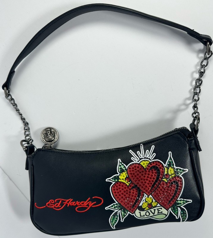 Ed Hardy Black Shoulder Bag Crossbody Hearts Rhinestone Skull Y2K Purse
