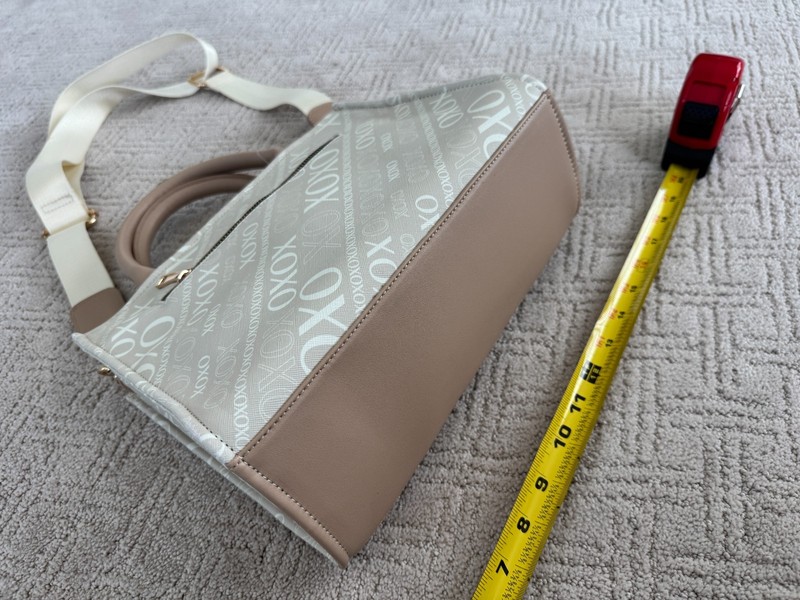 XOXO Patchwork Satchel Crossbody Bag Cream Brown Canvas Zipper Shoulder Bag NWT gallery