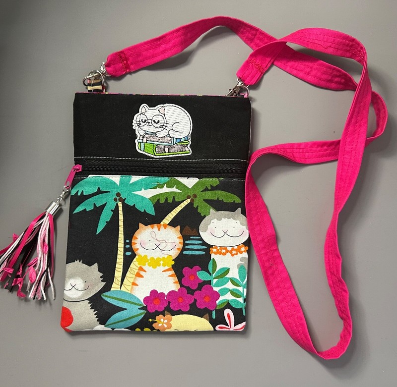 Small CROSSBODY cell phone bag, CAT, tassel, HANDMADE, gift, 8×6 in, black, pink