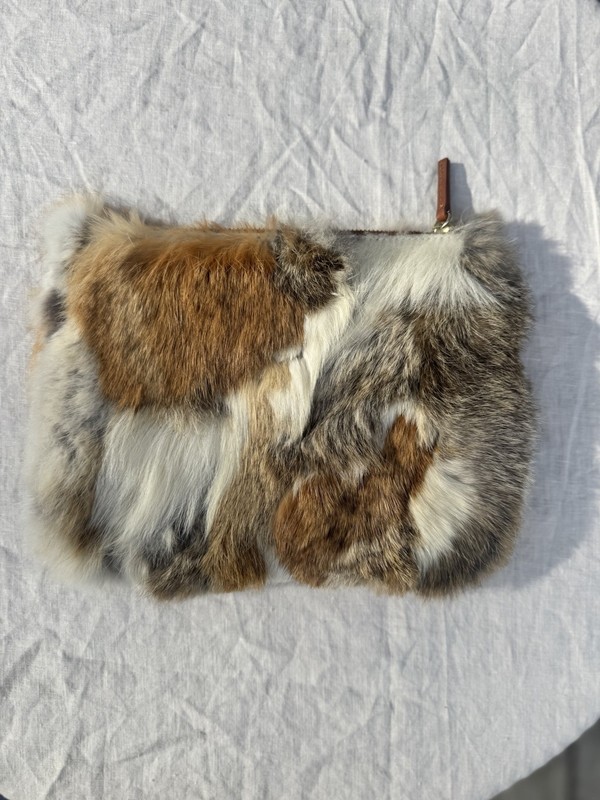 Theory Fur Patchwork Natural Clutch Pouch Bag Shoulder Zipper Brown Tan White gallery