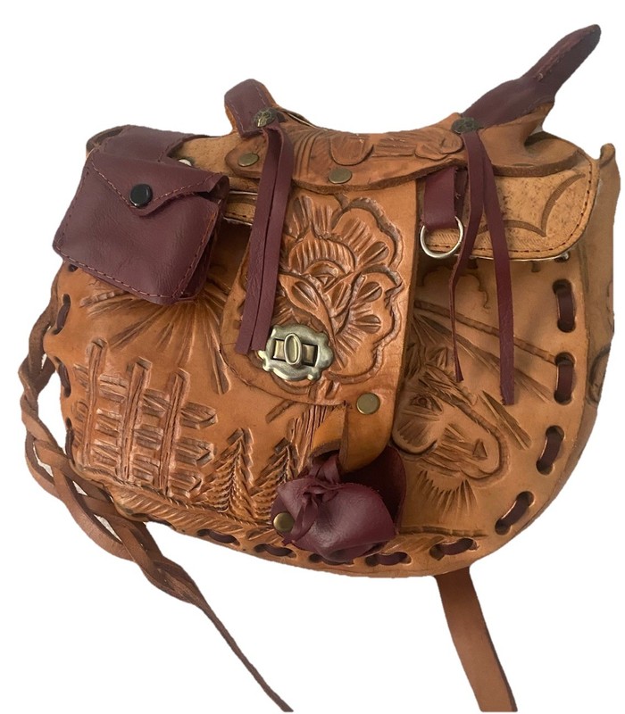 Artisan Leather Horse Saddle Shoulder Bag Tooled Western Cowgirl Mexico Vintage gallery