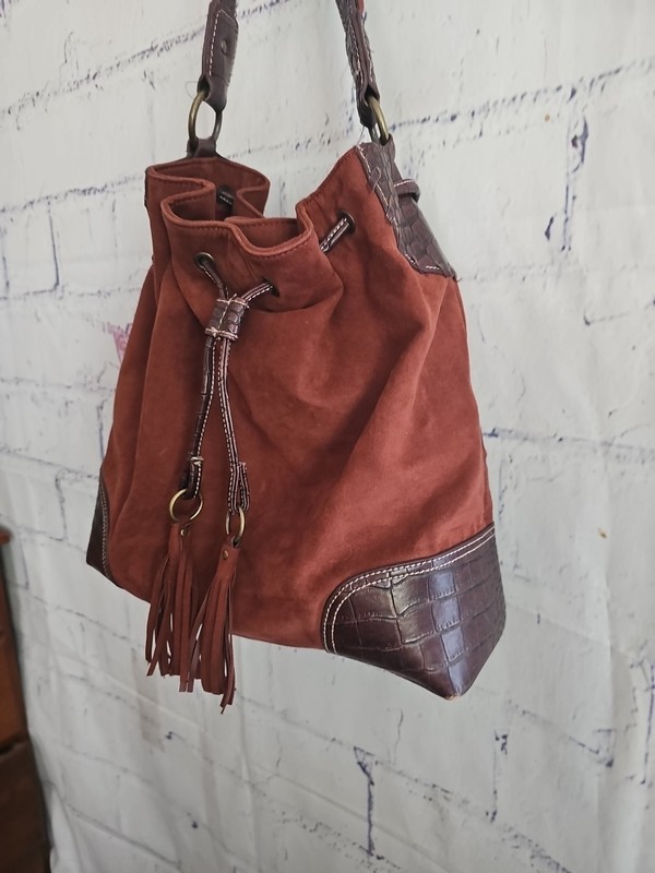 Brown Suede Faux Leather Drawstring Bucket Purse Shoulder Bag Large Magnet Snap gallery