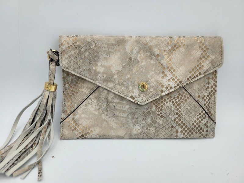 Isaac Mizrahi Beige Python Snakeskin Leather Hand Bag Clutch Purse Vintage