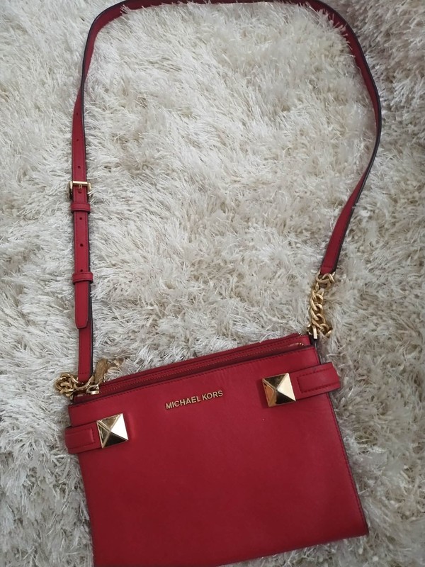 Michael Kors Red Crossbody Bag Zip Top Gold Hardware Chain Strap Studded