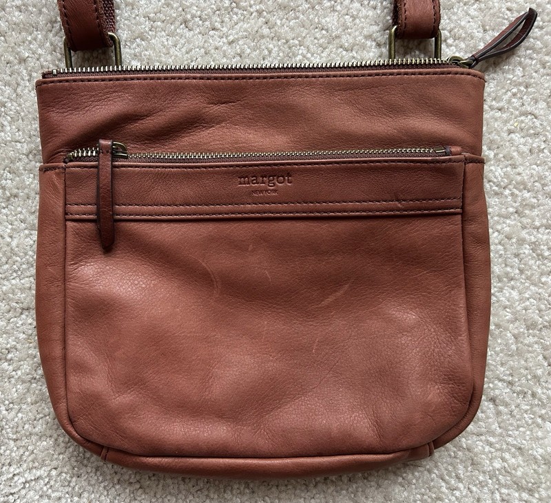 Margot New York Distressed Leather Warm Brown Crossbody Bag Purse Zip Top Pocket