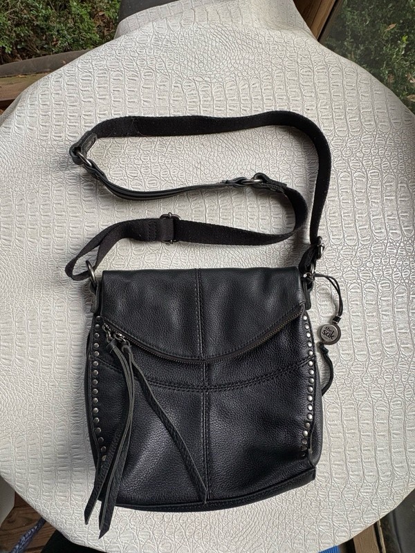 SAK Silverlake Flap Handbag Crossbody Shoulder Black Leather Studded Biker Moto
