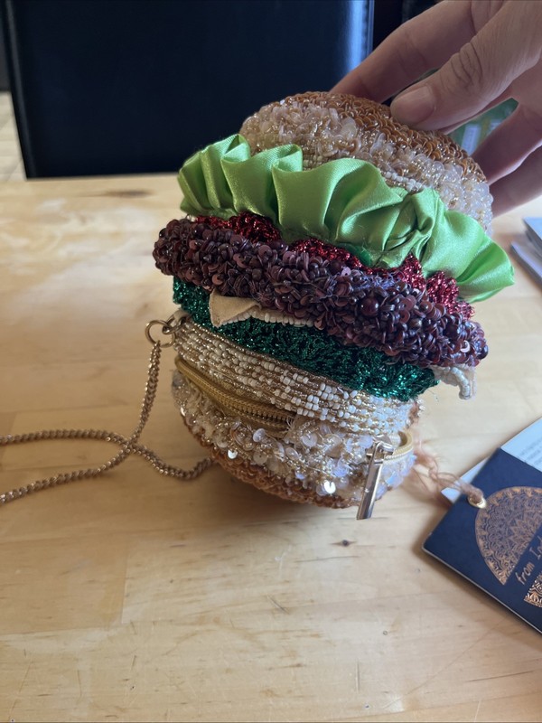 Handmade Beaded Burger Novelty Crossbody Purse Gold Chain NWT India gallery