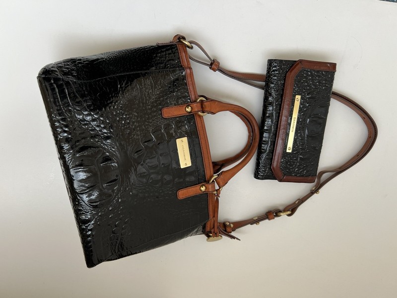 Brahmin Arno Black Croc Embossed Leather Satchel CrossBody HandBag &Wallet gallery