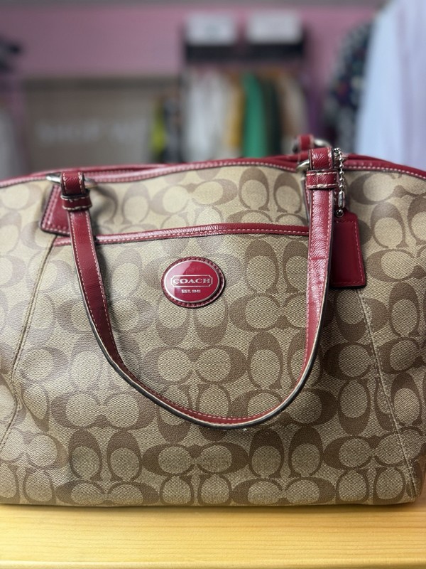 Coach Peyton Signature Tote Bag Khaki Burgundy Coated Canvas Leather Trim gallery