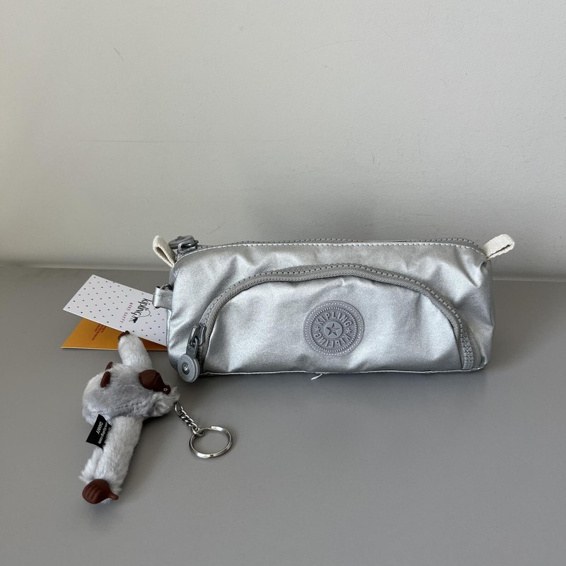 Kipling Cute Pencil Pouch Metallic Silver with Monkey Charm NWT