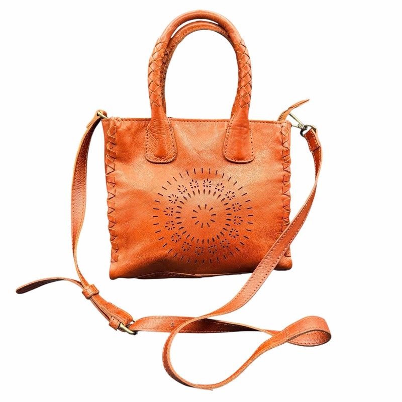 Boho Genuine Leather Cutout Mini Tote Crossbody Orange India gallery