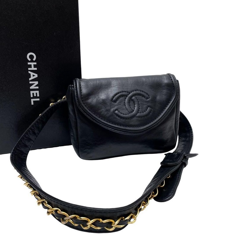 CHANEL Coco Mark Lambskin Waist Body Bag Black Shoulder Strap Authentic