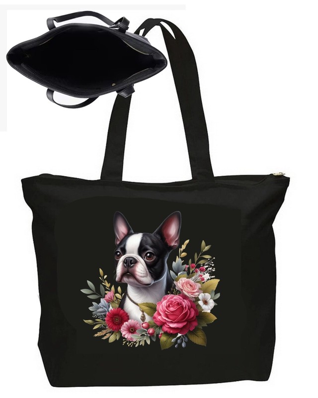Cute Dog Pet Cute Flowers Zipper Tote Bag Art Travel Bag Canvas Tote XL
