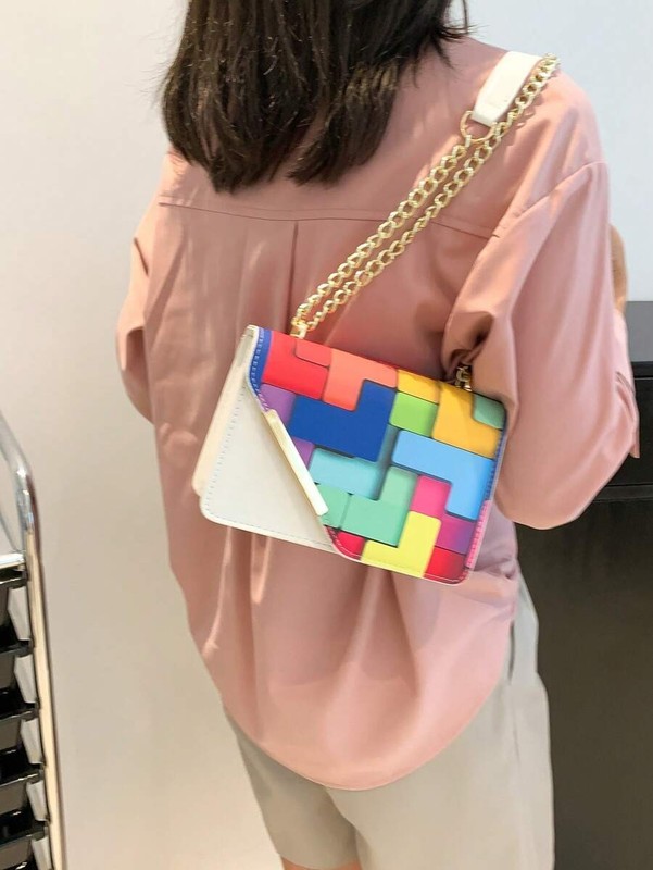 Mini Colorblock Ruched Crossbody Bag Women Metal Chain Shoulder Square Purse gallery