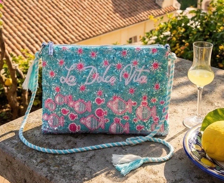 Antica Sartoria 2026 La Dolce Vita Pink Aqua Fish Clutch Beaded Bag Gorgeous
