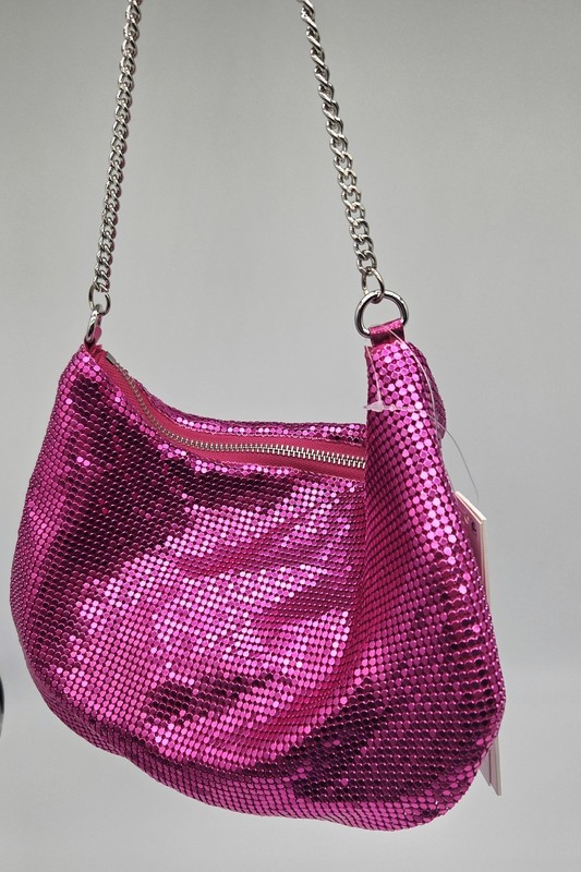 AQUA Small Mesh Baguette Mettalic Shoulder Bag In ULT PINK MAgenta MSRP $98.00