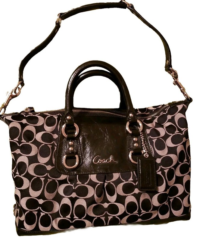 Coach Ashley Sabrina Convertible Satchel Black With Beige Signature F15443