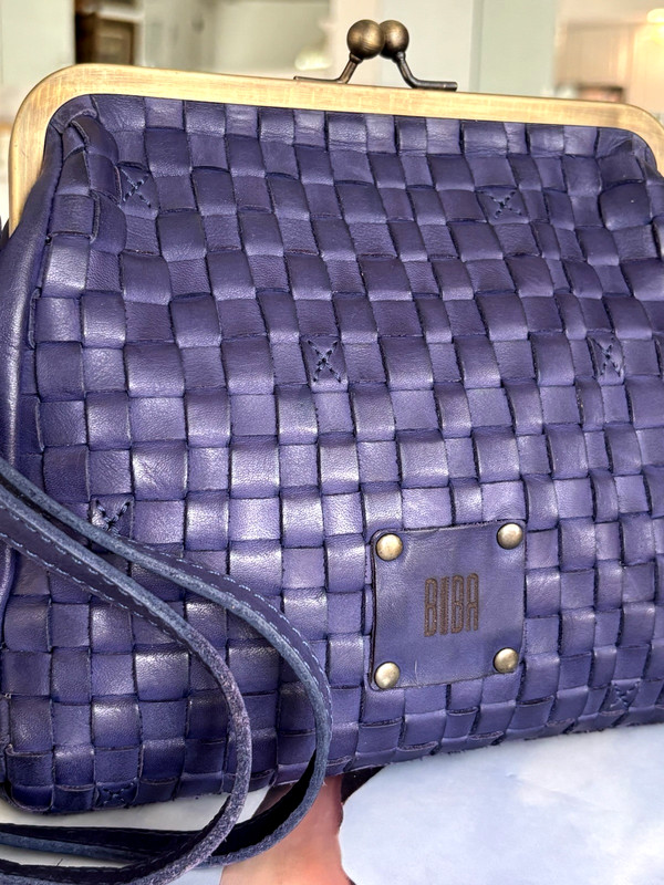 Biba Purple Leather Crossbody Handbag Pockets Cotton Lined Made in Spain 11"W gallery