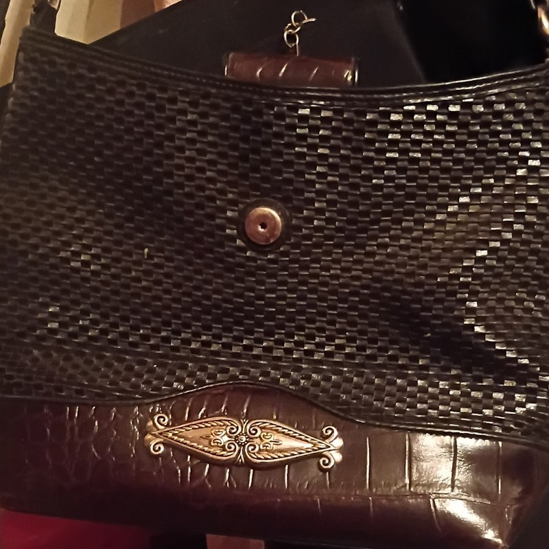 Black Brown Woven Shoulder Bag Medium Zip Buckle Inner Pockets Gold Hardware