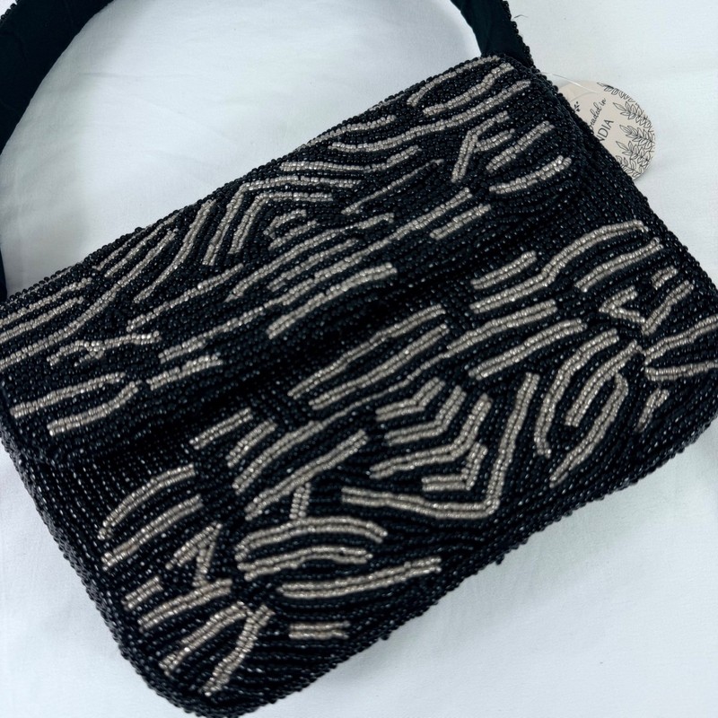 Handmade in India Black Gold Beaded Purse Bag Handbag Statement NWT gallery