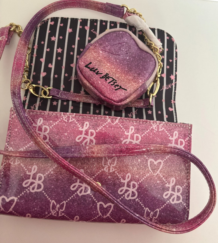 2 Pc LUV BETSEY JOHNSON Pink Purple HEARTS BOWS Clutch SHOULDER BAG Purse FOLEY gallery