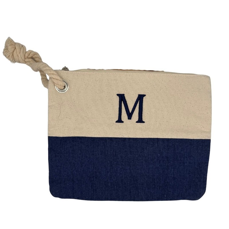 NWOT Nautical XL Initial Canvas Tote Makeup Travel Bag Monogram M Wristlet